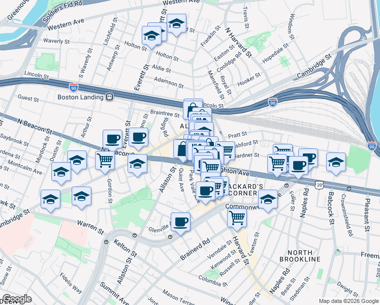map of restaurants, bars, coffee shops, grocery stores, and more near in Boston