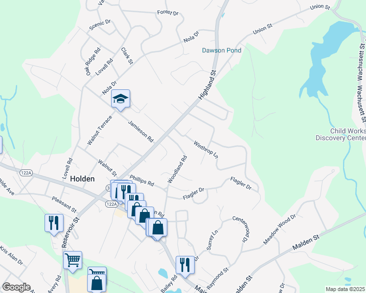 map of restaurants, bars, coffee shops, grocery stores, and more near 30 Woodland Road in Holden