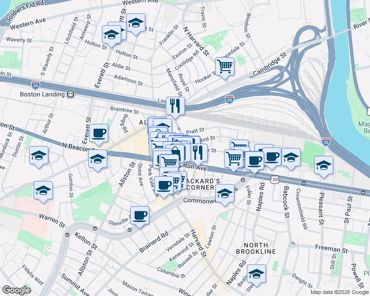 map of restaurants, bars, coffee shops, grocery stores, and more near in Boston