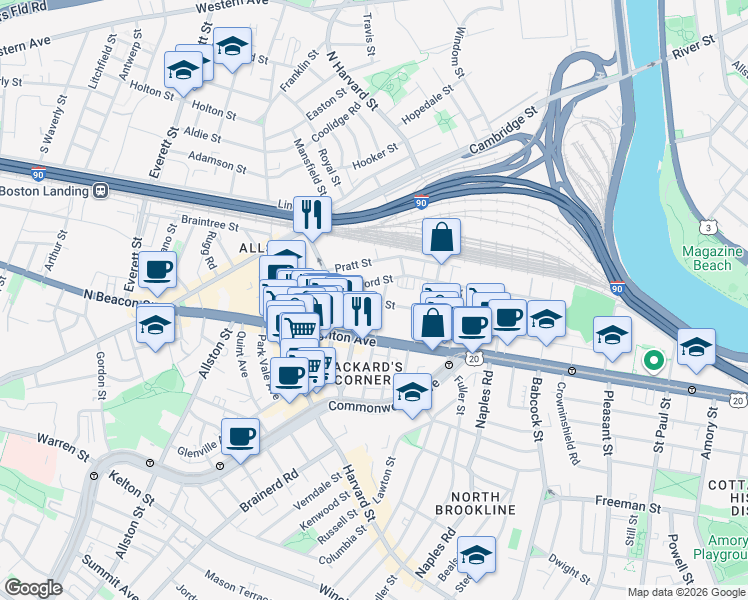 map of restaurants, bars, coffee shops, grocery stores, and more near 56 Gardner Street in Boston