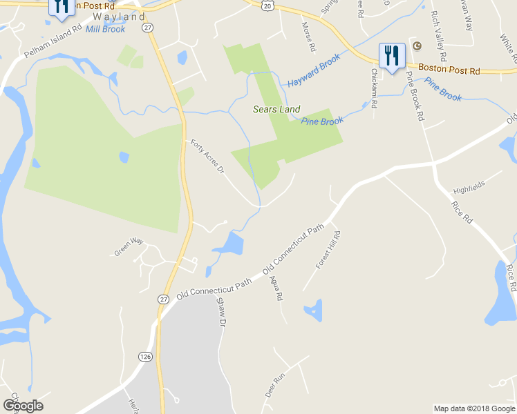 map of restaurants, bars, coffee shops, grocery stores, and more near 36 Forty Acres Drive in Wayland