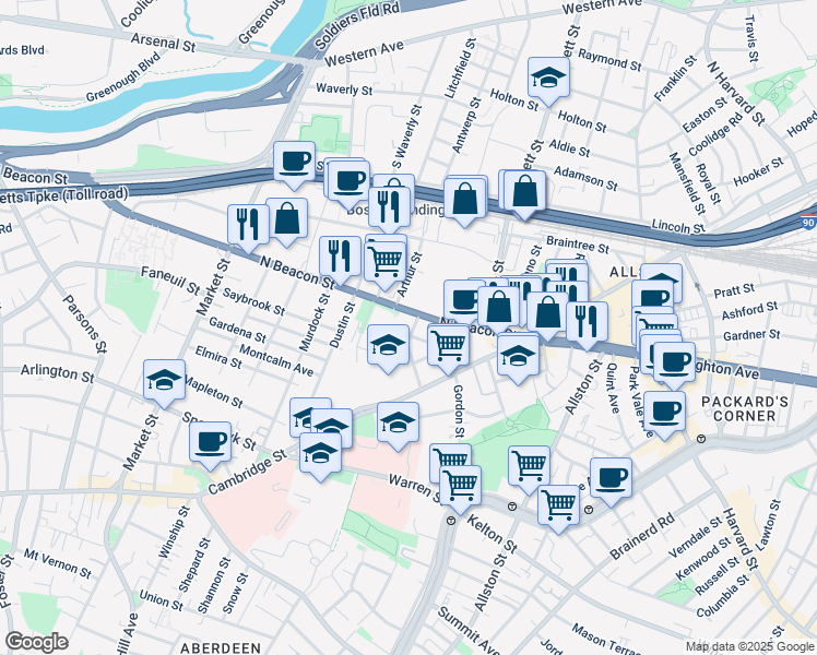 map of restaurants, bars, coffee shops, grocery stores, and more near 68 Saunders Street in Boston