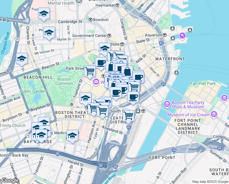 map of restaurants, bars, coffee shops, grocery stores, and more near in Boston