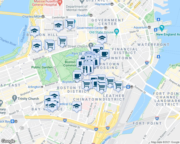 map of restaurants, bars, coffee shops, grocery stores, and more near Washington St & Ave de Lafayette in Boston
