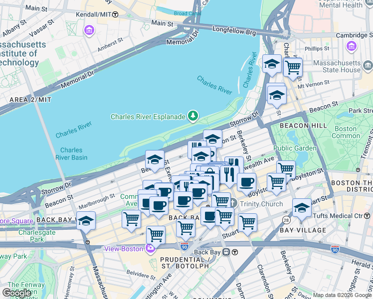 map of restaurants, bars, coffee shops, grocery stores, and more near 232 Beacon Street in Boston
