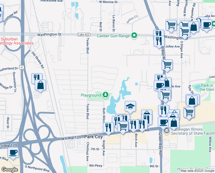 map of restaurants, bars, coffee shops, grocery stores, and more near 3279 Roger Avenue in Park City