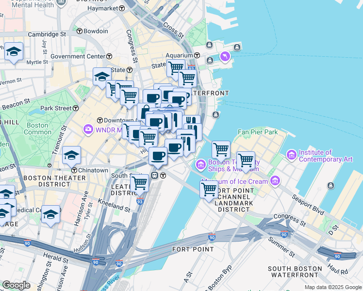 map of restaurants, bars, coffee shops, grocery stores, and more near 530 Atlantic Avenue in Boston