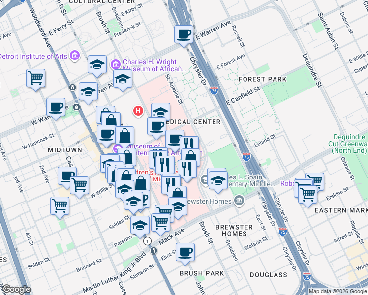 map of restaurants, bars, coffee shops, grocery stores, and more near 3022 Brush Street in Detroit