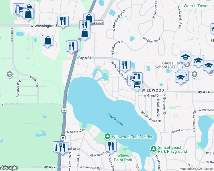 map of restaurants, bars, coffee shops, grocery stores, and more near 33787 North Lake Shore Drive in Grayslake