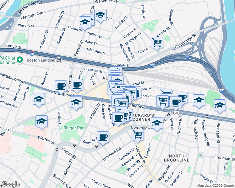map of restaurants, bars, coffee shops, grocery stores, and more near 70 Harvard Avenue in Boston