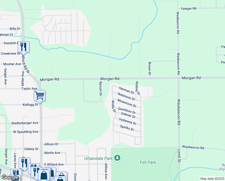 map of restaurants, bars, coffee shops, grocery stores, and more near 73 Robinson Drive in Battle Creek