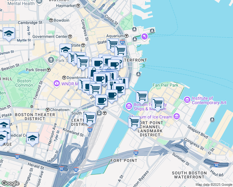 map of restaurants, bars, coffee shops, grocery stores, and more near 137-139 Pearl Street in Boston