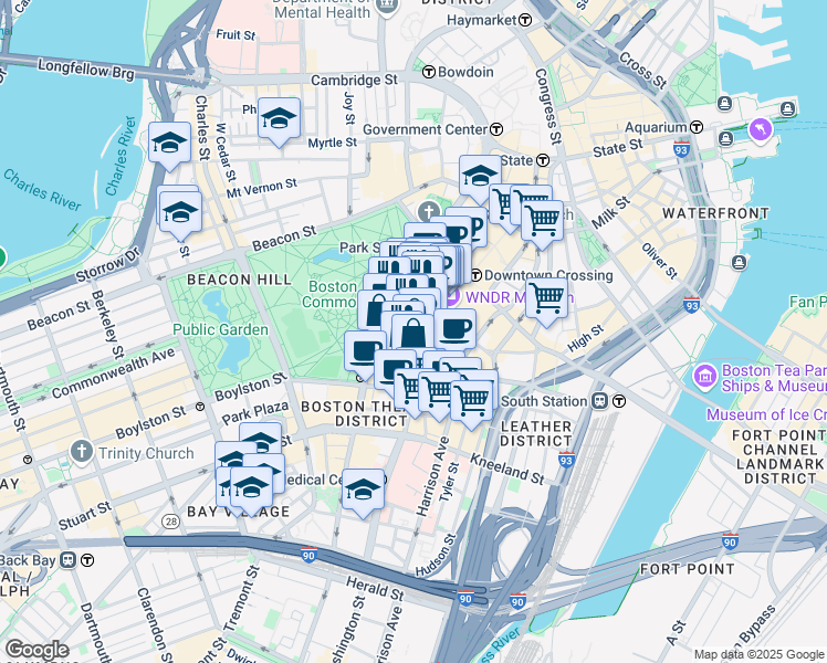 map of restaurants, bars, coffee shops, grocery stores, and more near 539 Washington Street in Boston