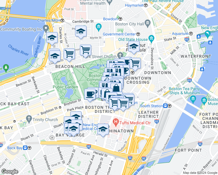 map of restaurants, bars, coffee shops, grocery stores, and more near 165-166 Tremont Street in Boston