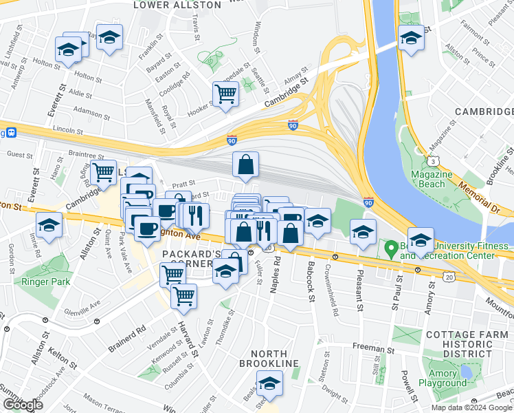 map of restaurants, bars, coffee shops, grocery stores, and more near 69 Ashford Street in Boston