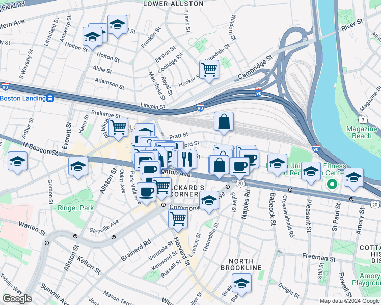 map of restaurants, bars, coffee shops, grocery stores, and more near in Boston