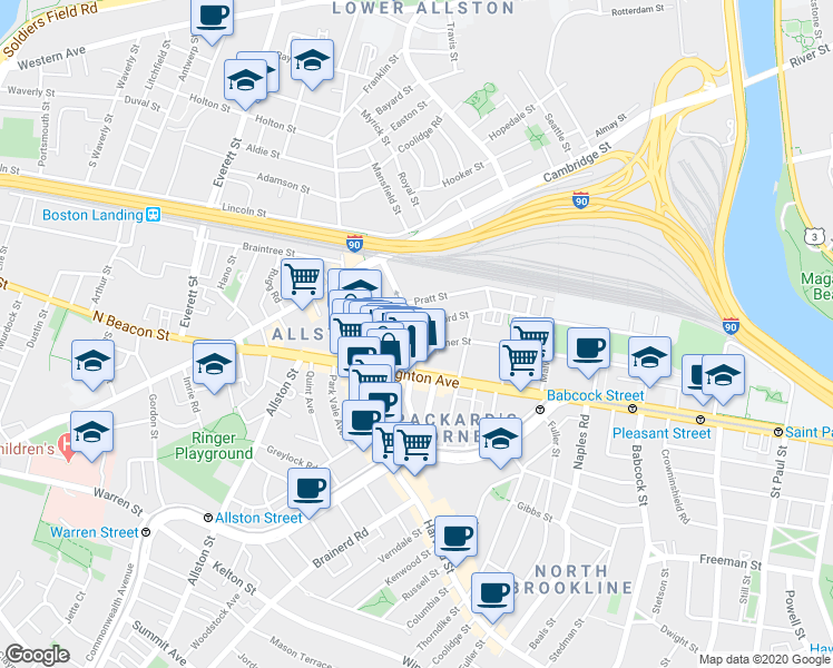 map of restaurants, bars, coffee shops, grocery stores, and more near 44 Linden Street in Boston