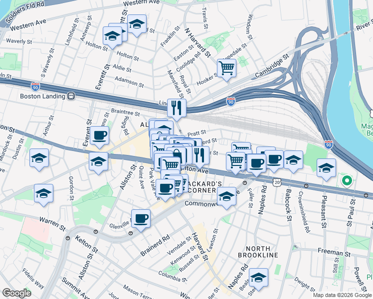 map of restaurants, bars, coffee shops, grocery stores, and more near in Boston