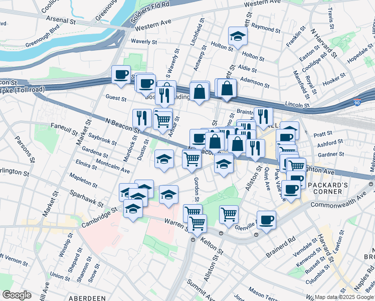 map of restaurants, bars, coffee shops, grocery stores, and more near 61 North Beacon Street in Boston