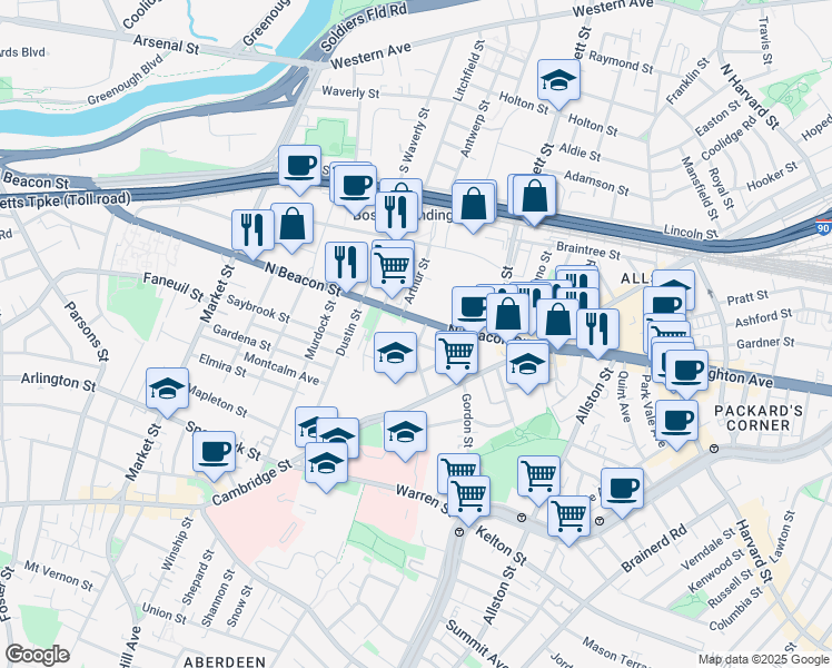 map of restaurants, bars, coffee shops, grocery stores, and more near 68 Saunders Street in Boston