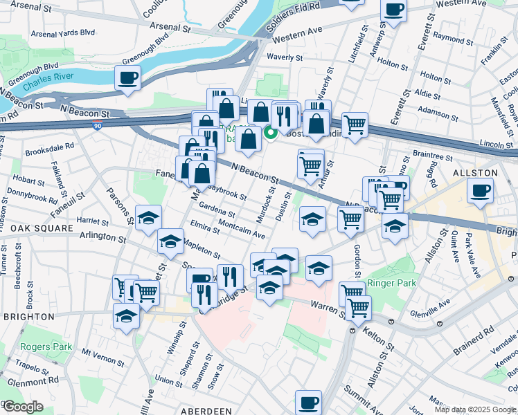 map of restaurants, bars, coffee shops, grocery stores, and more near 55 Saybrook Street in Boston