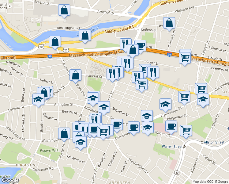 map of restaurants, bars, coffee shops, grocery stores, and more near 14-16 Gardena Street in Boston