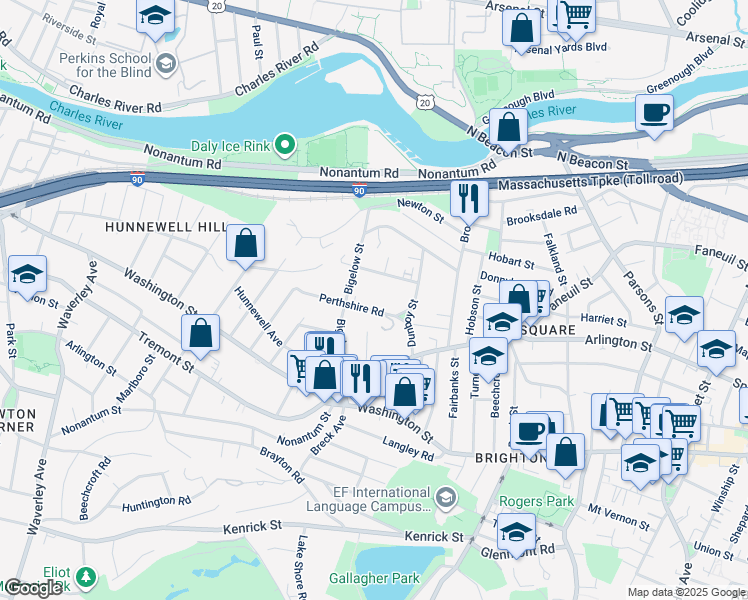 map of restaurants, bars, coffee shops, grocery stores, and more near 15-17 Perthshire Road in Boston