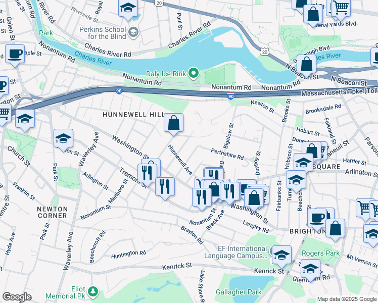 map of restaurants, bars, coffee shops, grocery stores, and more near 42 Matchett Street in Boston
