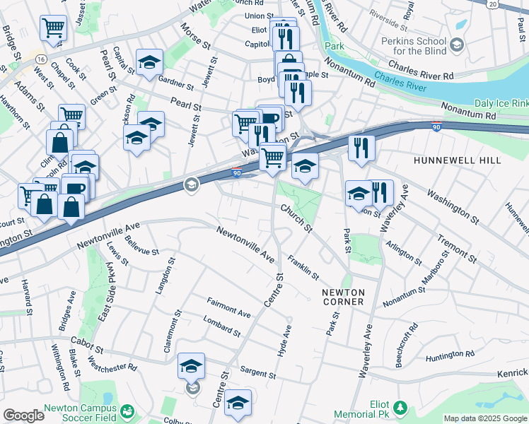 map of restaurants, bars, coffee shops, grocery stores, and more near 176 Church Street in Newton