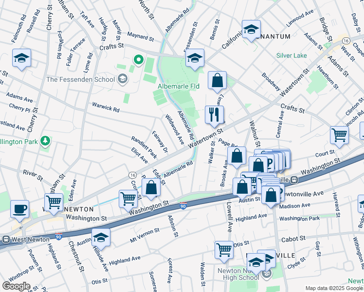 map of restaurants, bars, coffee shops, grocery stores, and more near 72 Kensington Street in Newton