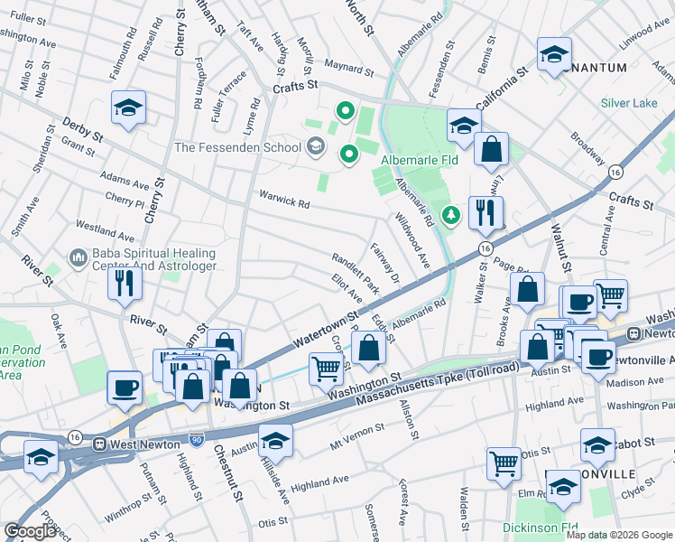 map of restaurants, bars, coffee shops, grocery stores, and more near 46 Randlett Park in Newton