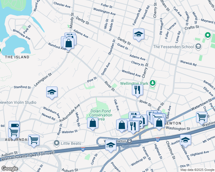 map of restaurants, bars, coffee shops, grocery stores, and more near in Newton