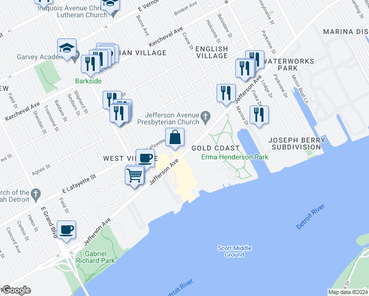map of restaurants, bars, coffee shops, grocery stores, and more near 825 Iroquois Avenue in Detroit