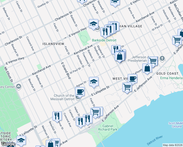 map of restaurants, bars, coffee shops, grocery stores, and more near 1456 Sheridan Street in Detroit