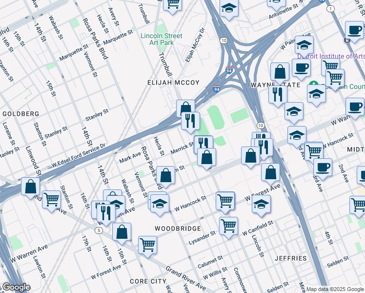 map of restaurants, bars, coffee shops, grocery stores, and more near 5220 Avery Street in Detroit