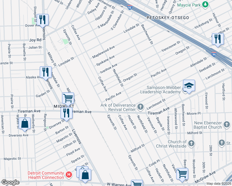 map of restaurants, bars, coffee shops, grocery stores, and more near 5564 Pacific Avenue in Detroit