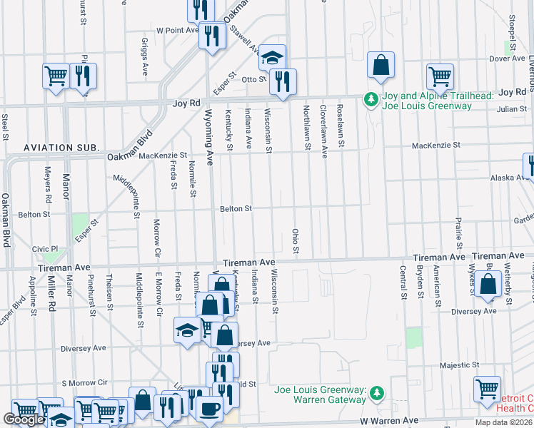 map of restaurants, bars, coffee shops, grocery stores, and more near 8150 Wisconsin Street in Detroit