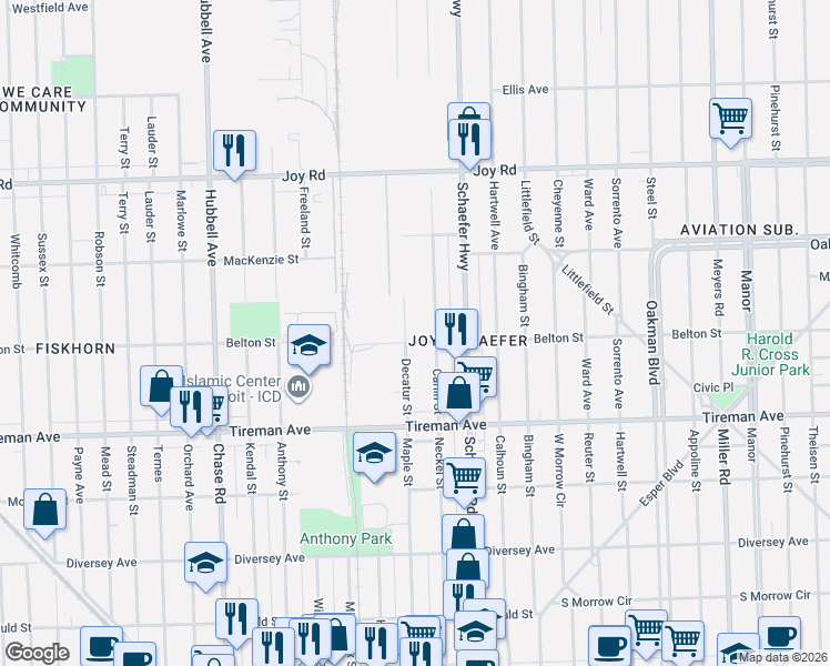 map of restaurants, bars, coffee shops, grocery stores, and more near 8216 Decatur Street in Detroit