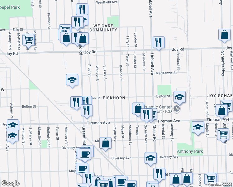 map of restaurants, bars, coffee shops, grocery stores, and more near 8227 Robson Street in Detroit