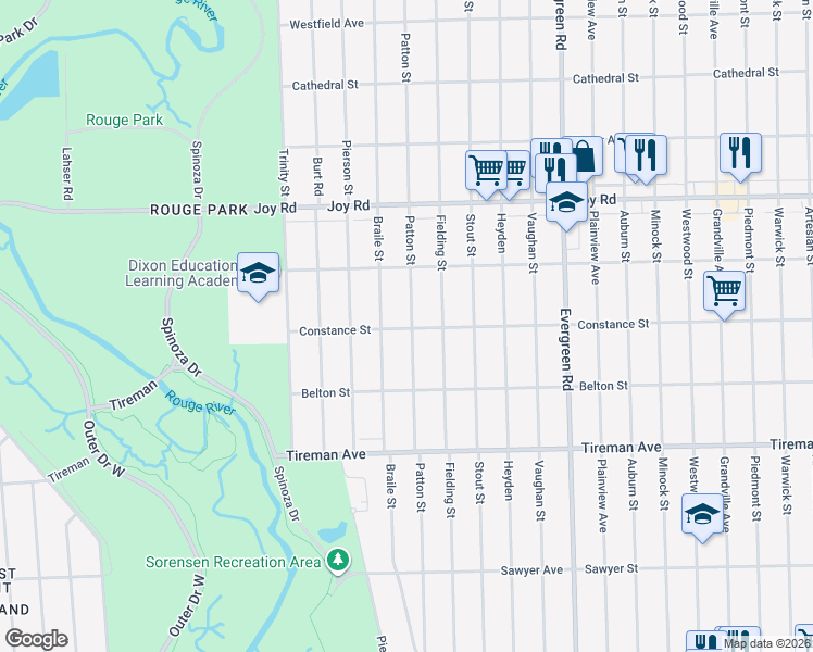 map of restaurants, bars, coffee shops, grocery stores, and more near 8401 Patton Street in Detroit
