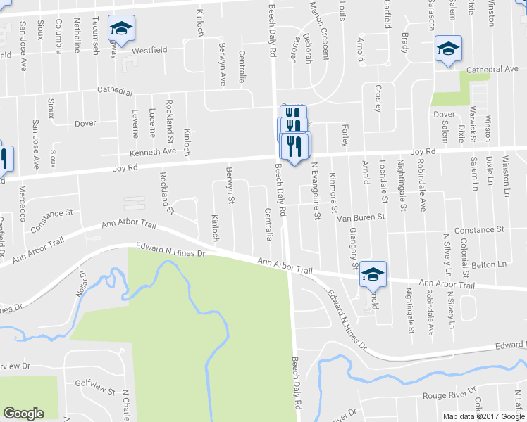 map of restaurants, bars, coffee shops, grocery stores, and more near 8527 Centralia Street in Dearborn Heights