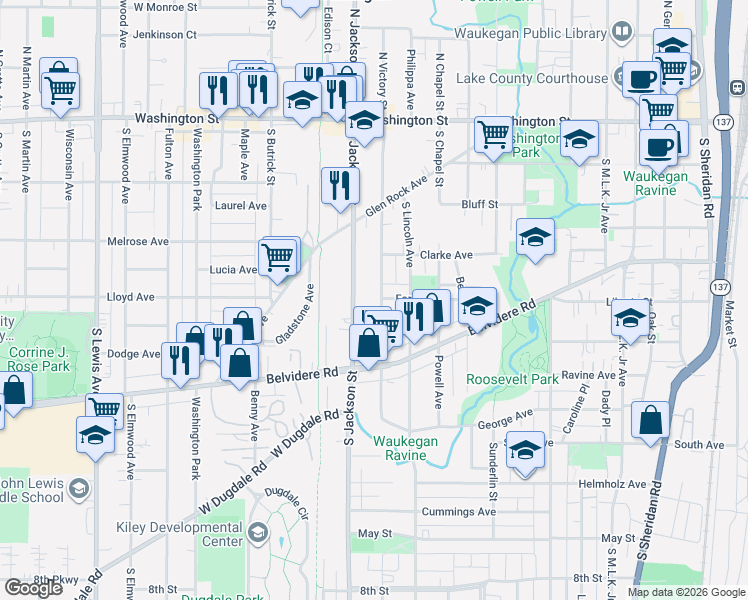 map of restaurants, bars, coffee shops, grocery stores, and more near 335 South Jackson Street in Waukegan