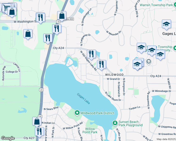 map of restaurants, bars, coffee shops, grocery stores, and more near 33802 North Oak Street in Grayslake