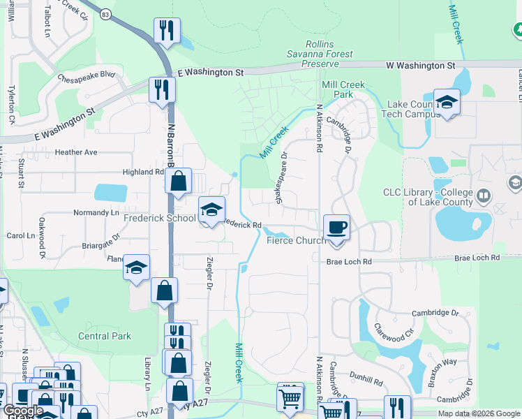 map of restaurants, bars, coffee shops, grocery stores, and more near 769 Dillon Court in Grayslake