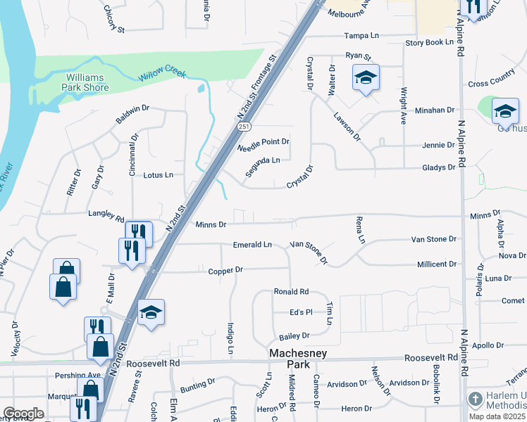 map of restaurants, bars, coffee shops, grocery stores, and more near 1040 Minns Drive in Machesney Park