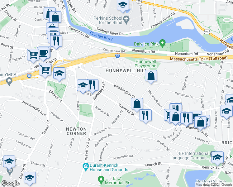 map of restaurants, bars, coffee shops, grocery stores, and more near 19 Whittemore Road in Newton
