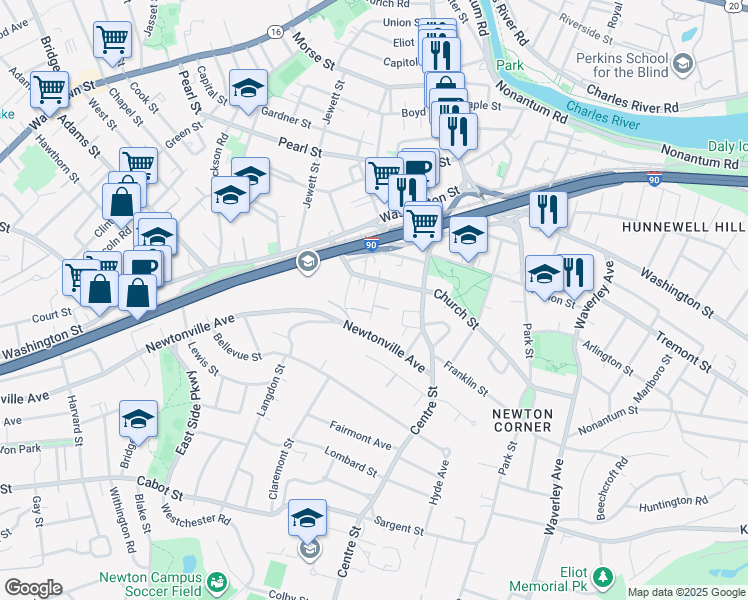 map of restaurants, bars, coffee shops, grocery stores, and more near Maple Avenue in Newton