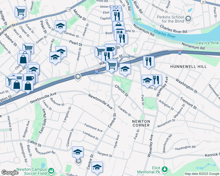 map of restaurants, bars, coffee shops, grocery stores, and more near 176 Church Street in Newton