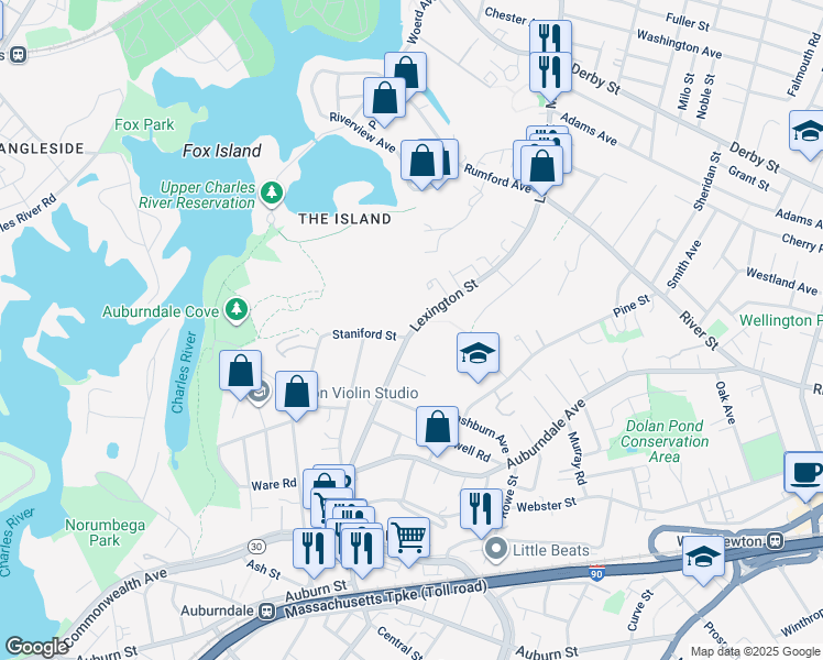 map of restaurants, bars, coffee shops, grocery stores, and more near 229 Lexington Street in Newton