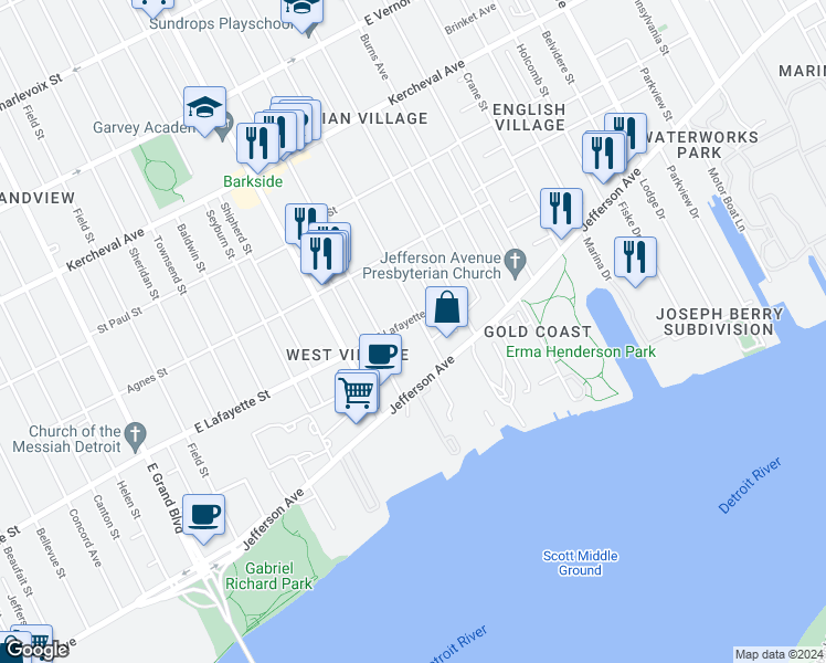 map of restaurants, bars, coffee shops, grocery stores, and more near 779 Seminole Street in Detroit